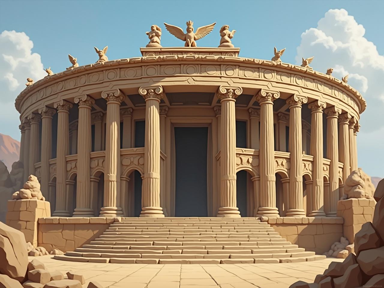 The image depicts a grand ancient structure resembling a coliseum or large amphitheater. Tall, imposing columns surround the entrance, leading up a series of steps. At the top, intricate designs can be seen, possibly symbolizing glory or victory. Statues with wings are perched atop the building, adding to its majestic appearance. The setting seems to be a dry, arid landscape, suggesting it could belong to a historical or fantasy world.