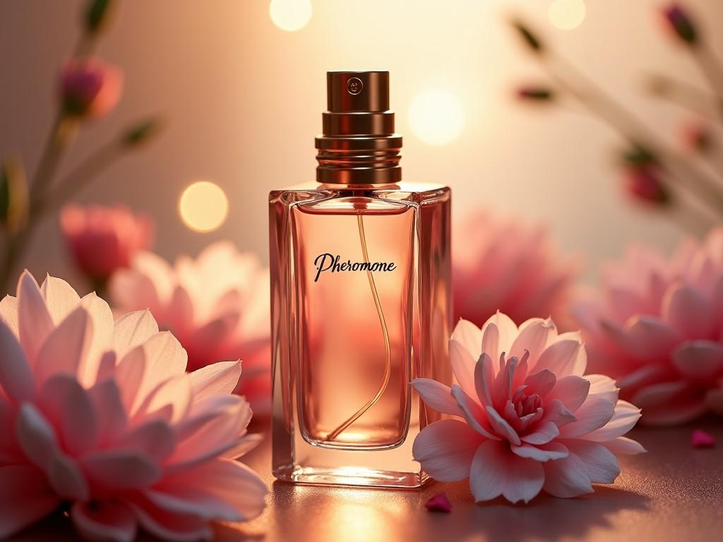 The image features an elegant perfume bottle labeled 'Pheromone' at the center. The bottle is beautifully designed with a golden cap and is surrounded by delicate pink flowers. Soft warm lighting enhances the beauty of the scene, creating a dreamy atmosphere. The background is slightly blurred with bokeh lights, adding depth. This composition conveys sophistication and allure, making it ideal for beauty-related promotions.