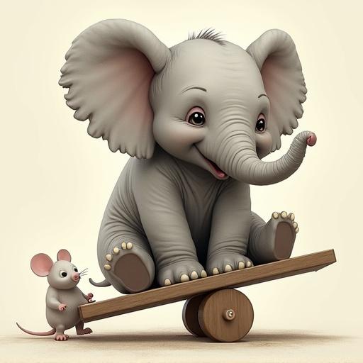 A smiling baby elephant sits happily on a wooden seesaw. A small mouse pushes the seesaw from below. The scene has a simple and playful design, appealing to young children.