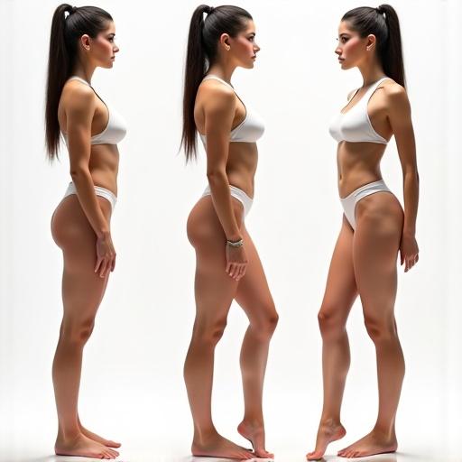Female model showcasing an athletic build in a white transparent monokini. Displays multiple side views to accentuate her physique. The model has a height of 1.73 m and weighs 56 kg, with defined muscles and a healthy appearance.
