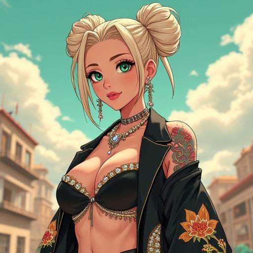 Anime character in a vibrant hip hop music video. Woman has emerald green eyes and an elegant light blonde bun. Dressed in a sexy and edgy outfit with pink jewelry. Features tattoos and piercings, displaying a tough yet classy look. Background shows a modern setting with a music vibe.
