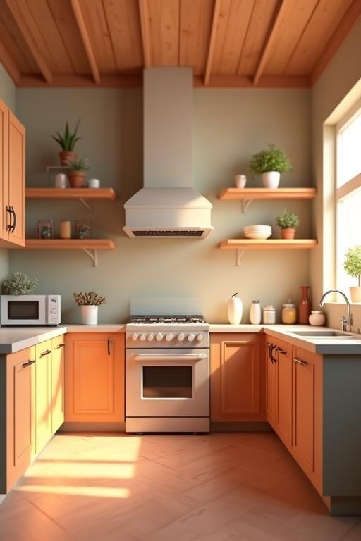 3D animated kitchen background featuring a contemporary style. Bright natural light illuminates the space. Includes wooden cabinets, decorative plants on shelves, and modern appliances.