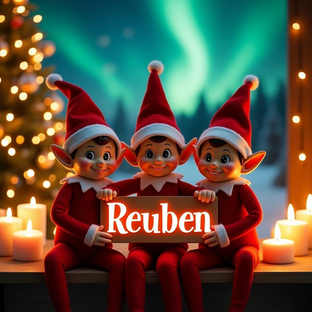 Three cheerful elves sit together. Each wears red outfits and pointy hats. They hold a sign that says 'Reuben' in bright letters. The background shows a magical Christmas scene with twinkling lights. A warm glow comes from nearby candles. The setting includes a beautifully decorated Christmas tree. Northern lights illuminate the night sky in the background. This enchanting scene captures the holiday spirit.