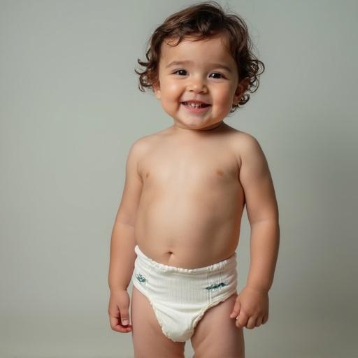 A young boy wearing a diaper standing confidently. The child has curly hair and is posed in a way that highlights his outfit. Gentle lighting surrounds him, creating a soft atmosphere.