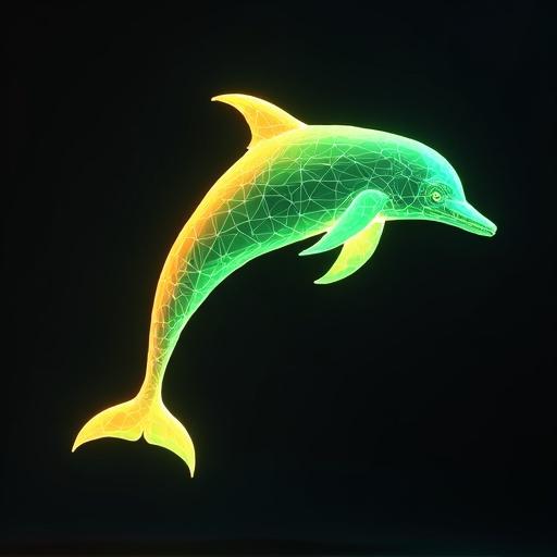 Wireframe representation of a dolphin in low poly style. Neon green and orange colors create a glowing effect.