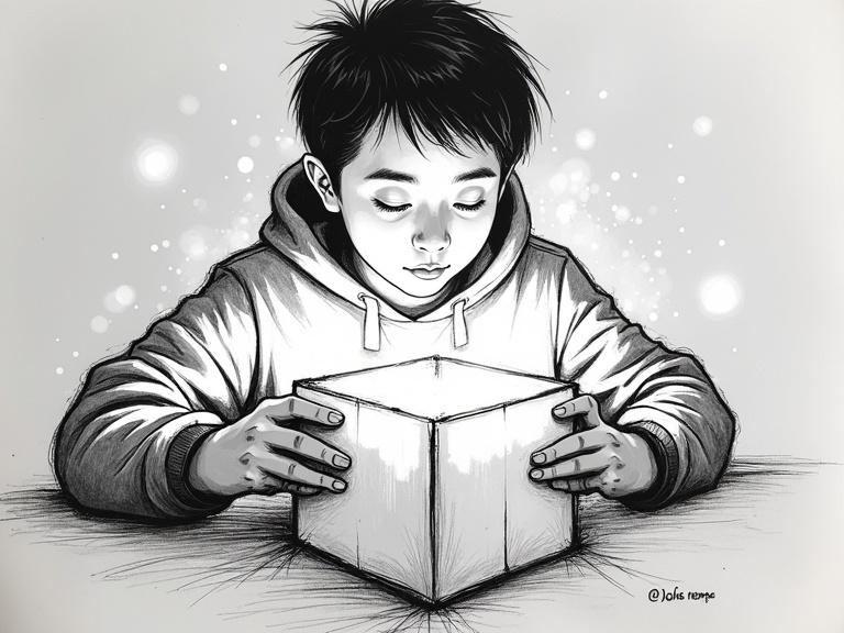 A child with dark hair opens a glowing box. The artwork features expressive sketchy lines and motion. The scene is playful and anticipatory. The box is in the center, glowing light spills out. The sketch includes ink smudges and exaggerated gestures. The style combines loose pencil and markers with white highlights.