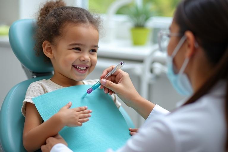 Dentist uses visual aids to interact with child with special needs. Calm supportive atmosphere bright soothing colors child smiles with assistance adapted tools visible.