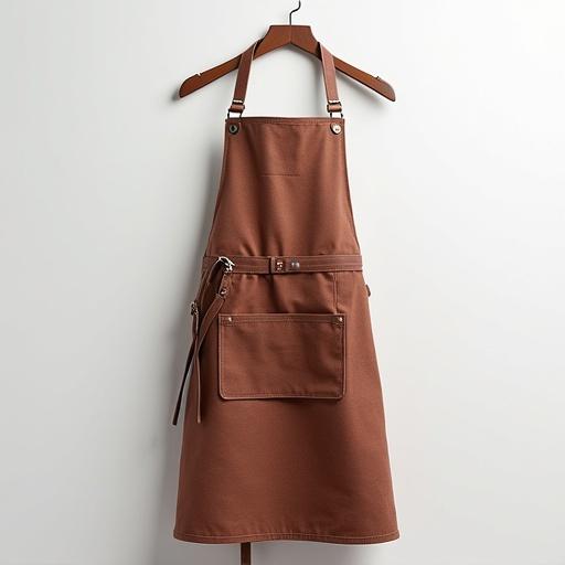 Concept design of a digital artist apron. Brown apron with a pocket. Suitable for creative tasks. Hangs on a wooden hanger.