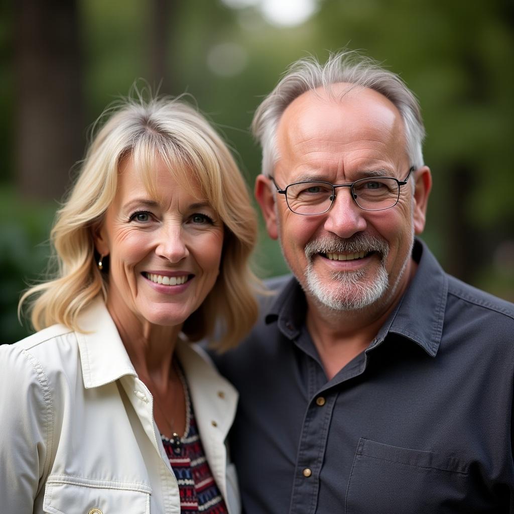 Mom and dad standing together outdoors. They appear happy and relaxed. Soft focus in the background. Natural lighting enhances their expressions. Green trees in the background.