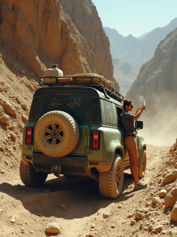 Photorealistic image of a Land Rover Defender on a narrow trail in Afghanistan's Hindu Kush Mountains. Mud-splattered matte green paint, off-road tyres gripping the slope. Roof rack carries supplies. Female driver snaps a selfie. Chai mug steams on the hood. Rugged cliffs surround the scene. Wrecked vehicle below. Harsh sunlight creates strong shadows and dust effects.