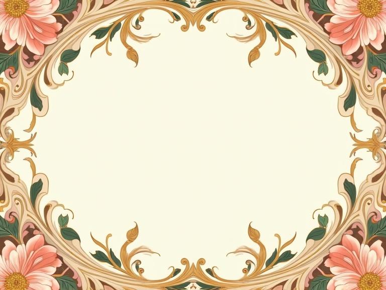 Border design for a poster with empty space for content. Ornate, decorative floral motifs in pastel tones with soft golden overtones. Curving lines echo Art Nouveau elegance. Composition mirrored vertically with flowing lines and natural patterns typical of Jugendstil.