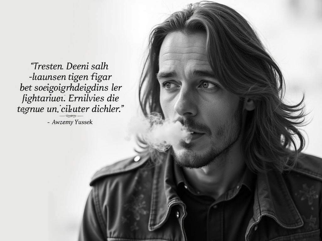 The image features a person with long hair, wearing a patterned jacket. The background is light and adds a subtle softness to the scene. This individual seems to be exhaling smoke, creating a hazy effect around them. There is a quote in German about cigars displayed elegantly to the left. The quote talks about the flavors of cigars, contrasting a bad cigar with a good one, appealing to those who enjoy smoking. The overall image has a monochromatic aesthetic that emphasizes textures and expressions.