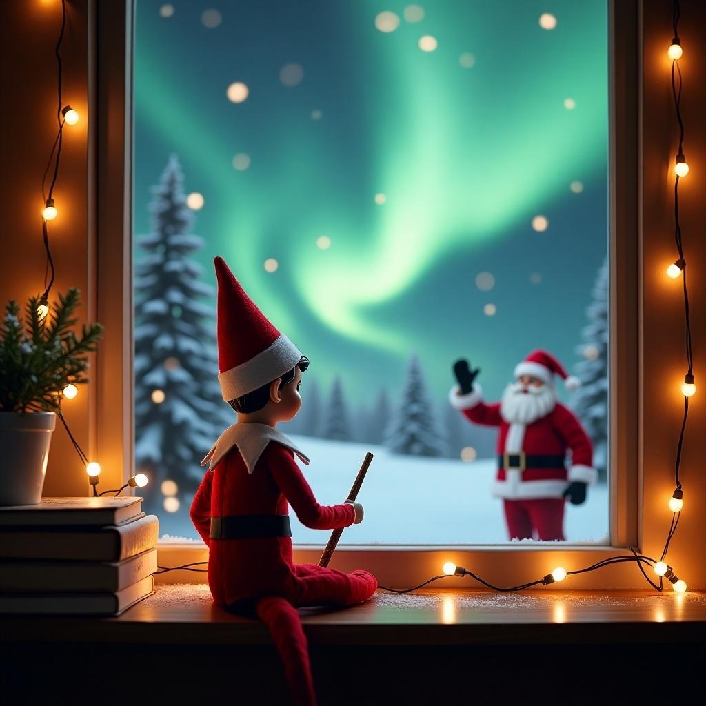 This enchanting image showcases a cozy Christmas scene that features an elf on the shelf. The elf sits with his back to the viewer, holding a wand and writing 'Stanley in the sky.' Through the window, a magical winter landscape unfolds, highlighted by sparkling northern lights and a friendly Santa Claus waving. The ambiance is enhanced by warm, twinkling string lights. The elf, dressed in a traditional red suit and hat, embodies the spirit of the holiday season. This illustration captures the wonder and magic of Christmas in a heartwarming way.