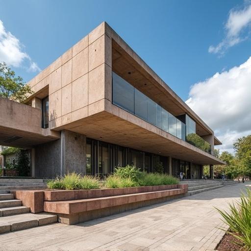 Modern architectural design of Museo de arte contemporáneo de Guayaquil with clean lines and expansive windows. The museum features brown concrete and landscaped surroundings.