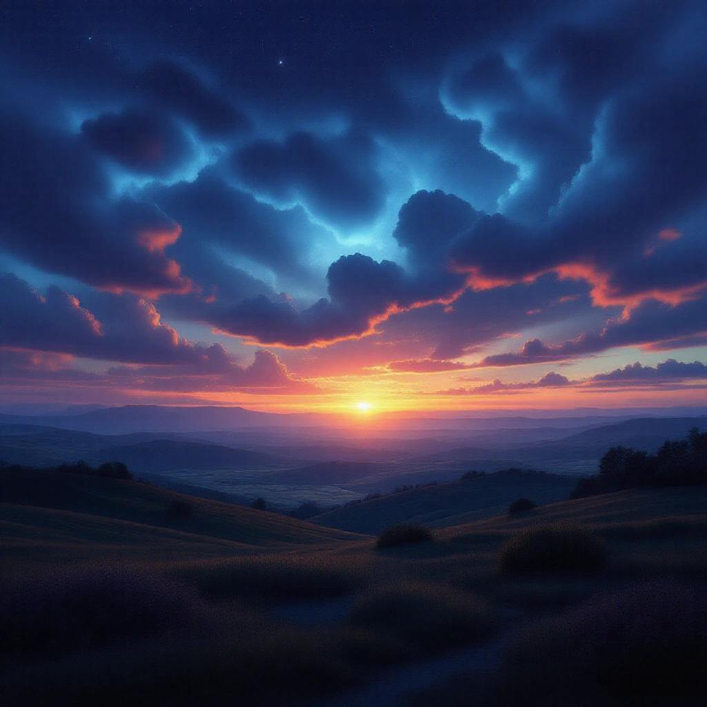 Dark dreamlike surreal landscape under a glowing sky. Ethereal colors and soft lighting create a magical atmosphere. The focus is on a bright sunset and dramatic clouds. Hills and valleys are visible in the foreground.