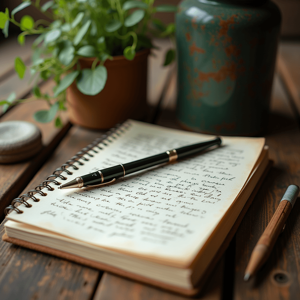 An open notebook with handwritten notes is on a wooden table, accompanied by a black pen and potted plant.