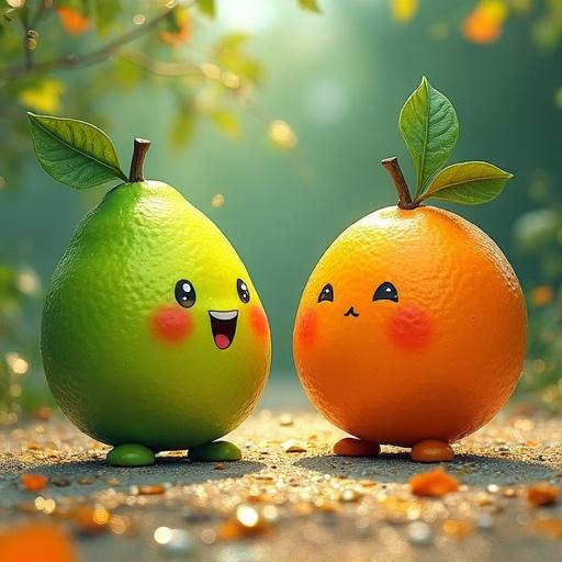 Charming chibi characters of lime and orange have delighted expressions. They are outdoors, surrounded by a children's park. Bright colors dominate the setting with neon accents. Emphasis on texture and layered artistic elements.