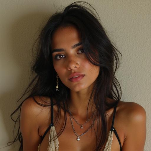 A beautiful Caucasian woman with a focus on her upper body. She wears delicate jewelry and has long hair. The background is neutral, highlighting her features.