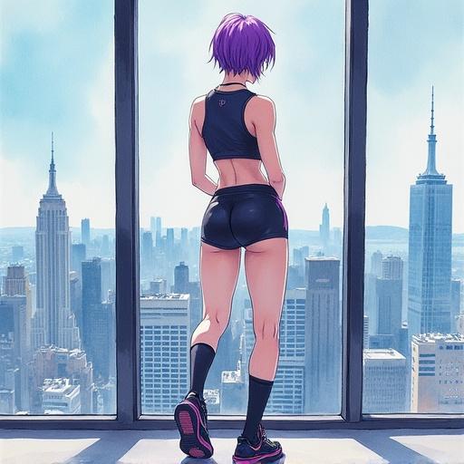 A watercolor painting with a young woman having short violet hair. She has a slim muscular body and wears a short synthetic cyberpunk top, sport shorts, high platform sneakers, and knee socks. She stands with her legs crossed and arms behind her back, leaning on a wall-size window showing a city view from a high floor. The style is reminiscent of Yuumei's work.