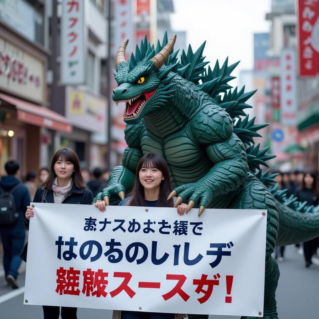 An individual wearing a realistic dragon costume stands on a busy street with friends. They hold a large banner promoting an event. The scene captures the essence of a lively public gathering.
