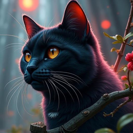 Futuristic black cat appears prominently. Ghost Q-taro is in the background. The logo of @hu_jim29 is delicately engraved. Image showcases vibrant colors and dynamic composition with dramatic lighting. Achieves a photorealistic style.