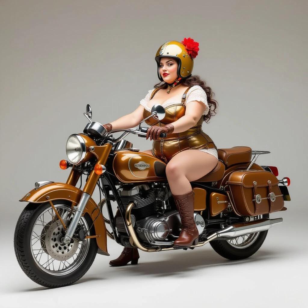 A semi-frontal realistic photograph of a unique vintage motorcycle from the 1840s. The motorcycle appears dirty yet shiny, built from oxidized metals and tarnished brass. It has intricate details and old rubber tubes. The bike is occupied by a beautiful, pale woman in unusual garments, with a leather helmet and boots, posed on a dark, wet cobblestone street.