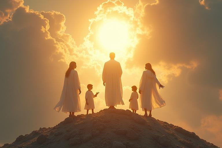Scene on a high mountain with a central radiant figure shining like the sun. Two majestic figures are conversing with the central figure. Three nearby figures appear awestruck, shielded by a bright cloud surrounding the glorious scene. The environment evokes a sense of divine light.