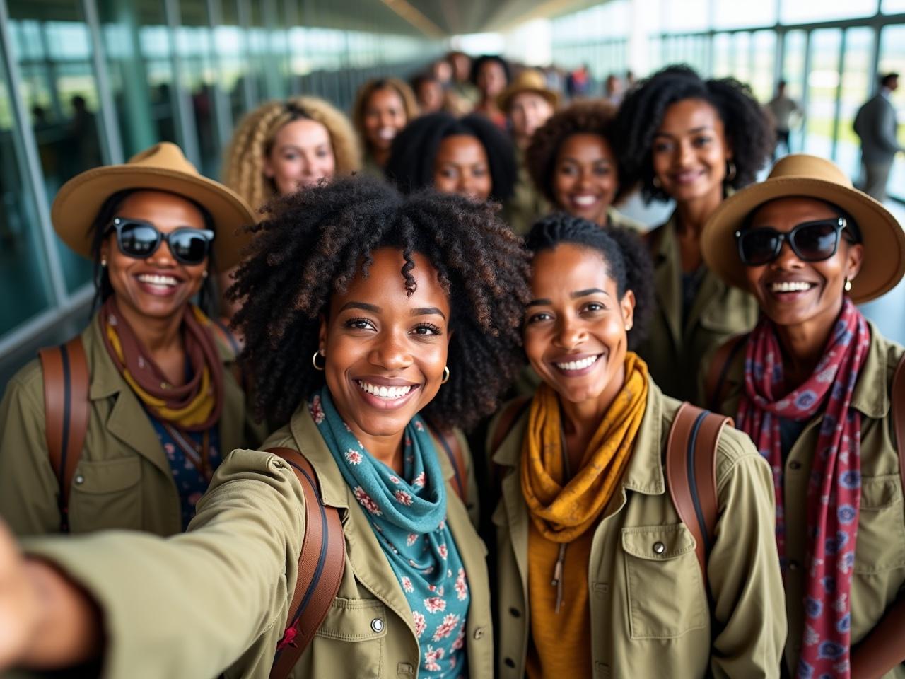 A vibrant group of women in matching outfits are smiling and posing for a selfie at an airport terminal. They have natural hairstyles and wear stylish accessories like hats and scarves. The background is filled with windows showing a bright sunny day. The atmosphere is joyful and lively, indicating that they are ready for an adventure. Their camaraderie and enthusiasm are evident as they capture this moment together.