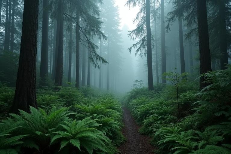 Misty moody forest scene in the Pacific Northwest with overcast sky. Dark green ferns lining a path between tall trees. Photorealistic lighting enhances the atmosphere.