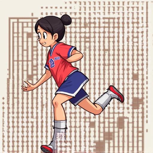 A young girl in a red sports jersey and shorts runs energetically. She has a ponytail and showcases a lively expression. The background features a grid pattern, adding a dynamic feel to the scene.