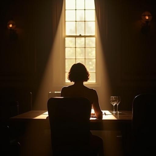 A woman seated at a dark table in a dimly lit dining room. Sunlight streams through a window, illuminating her figure. The scene has a cinematic quality and sharp focus.