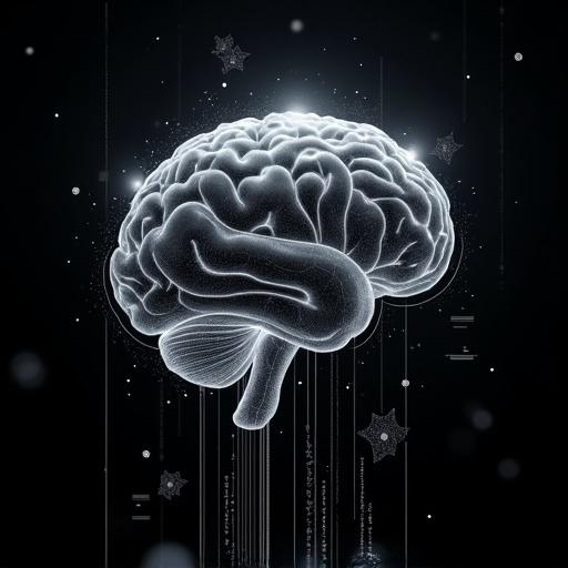 Surreal and futuristic visual showing the power of artificial intelligence transforming modern business. Abstract forms depict AI with geometric designs and holographic sectors. Deep black background with silver light beams and particles. High-tech edgy artistic style.