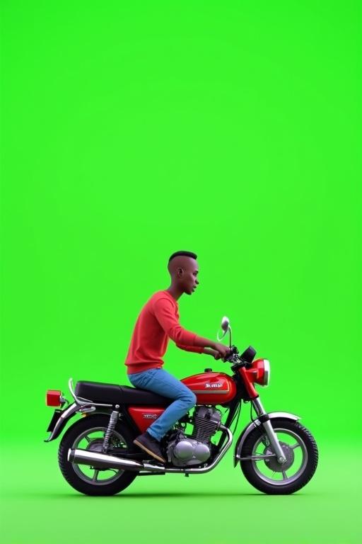 3D Pixar style animation featuring a headless man riding a red Honda C70 motorcycle on green screen.