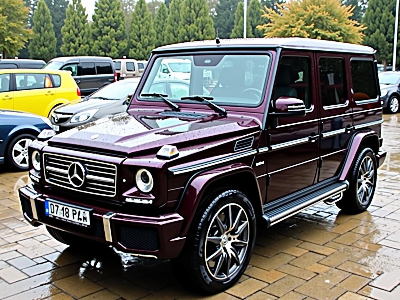 This image shows a luxury SUV parked in an outdoor lot. The vehicle appears to be a dark purple Mercedes-Benz G-Class, featuring a distinctive boxy shape. It has large rims and visible rain droplets on its surface, suggesting it was taken during wet weather. The car’s front grille is prominent, displaying the Mercedes-Benz emblem. In the background, several other vehicles can be seen, including a yellow van and a grey car. The ground is made of rectangular stone tiles, adding to the overall aesthetic of the parking area.