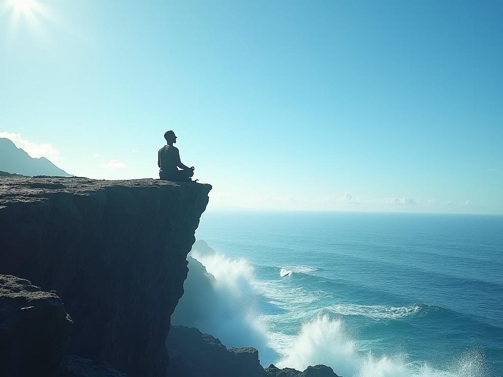 The image showcases a serene scene of an individual meditating on the edge of a cliff overlooking the ocean. The sunlight casts a gentle glow, enhancing the tranquil atmosphere. Waves crash against the rocks below, creating a dynamic contrast with the stillness of the meditation. The horizon stretches into the distance, blending with the vibrant blue sky. This scene evokes a sense of peace, introspection, and connection with nature.