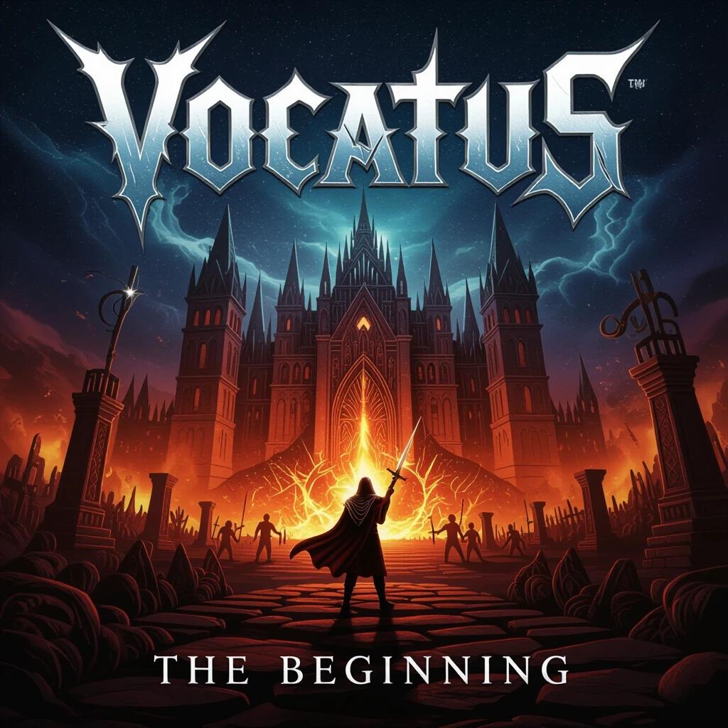 Heavy metal album cover with title Vocatus and subtitle the beginning. Features a dark gothic castle in the background with fiery visuals. Shadowy figure stands dramatically at the forefront.
