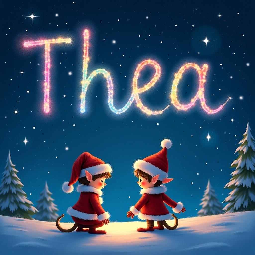 A dreamy night picture with Christmas colours and twinkly stars. A boy elf and a girl elf writing the name Thea in the night sky. One of the elves is writing the name Thea in the rainbow sky.