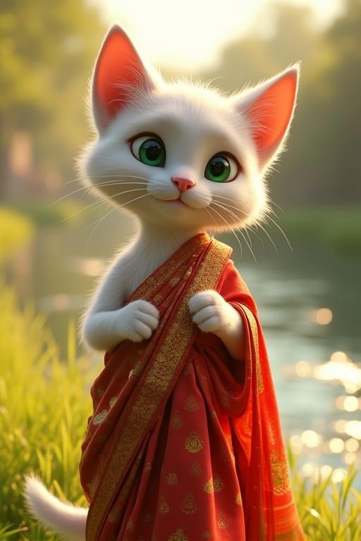 An animated white cat standing upright. It wears a colorful Bengali saree. Bright daylight illuminates the scene. The background features a lush riverbank and village. The cat expresses warmth with green eyes.