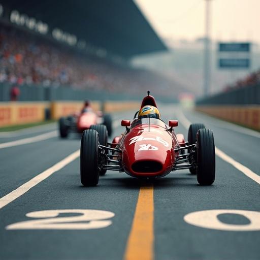Racing cars on track with a 20kg weight icon in foreground. Focus on one prominent racing car crossing finish line in excitement.