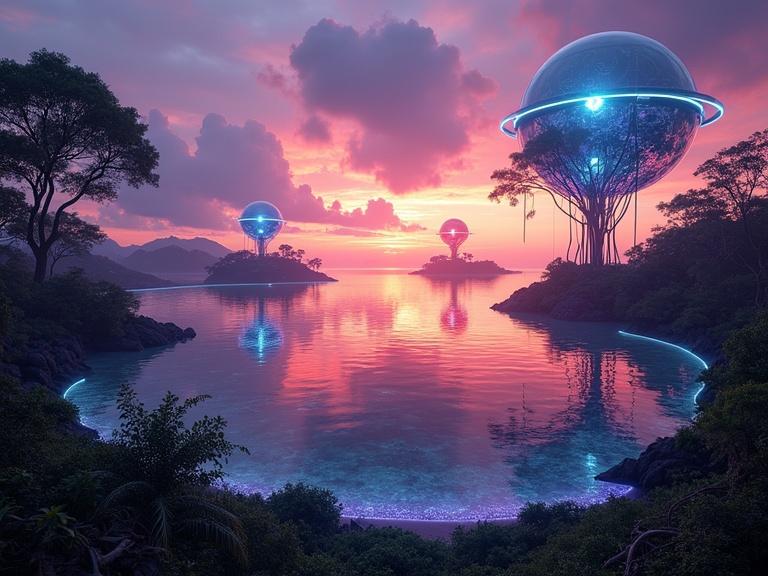 Breathtaking twilight panoramic view of futuristic archipelago. Biotechnological spheres hover above tropical islands. Glowing tendrils and roots connect them. Sky gradient of purples and oranges. Calm ocean waters reflect colors. Bioluminescent flora lines the mangrove shores. Scene radiates dreamlike hybrid organic-tech aesthetic.