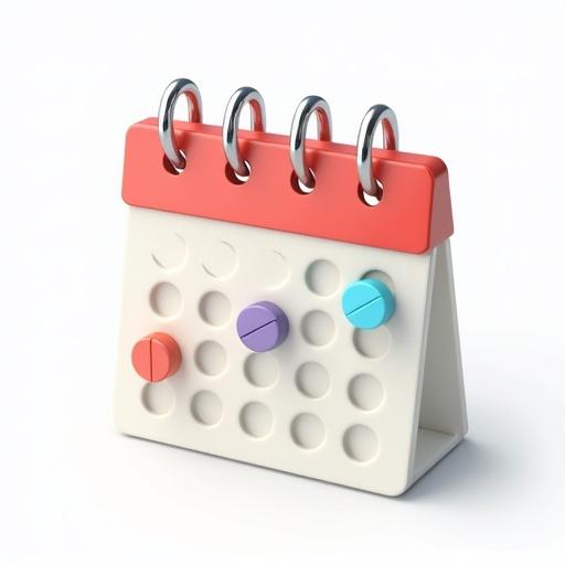3D icon representation of a calendar featuring colored pills positioned on various days. Realistic shadows complement a medical color palette set against a clear white background.