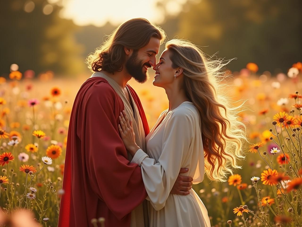 A realistic photo capturing a serene moment between a woman and a man resembling Jesus. The scene is set in a beautiful field filled with colorful flowers under a warm golden light. The woman is wearing a flowing white dress, while the man wears a red robe over a simple tunic. They appear to be joyfully embracing, surrounded by the natural beauty of the landscape. Their hair flows gently in the breeze, creating a harmonious image of love and connection.