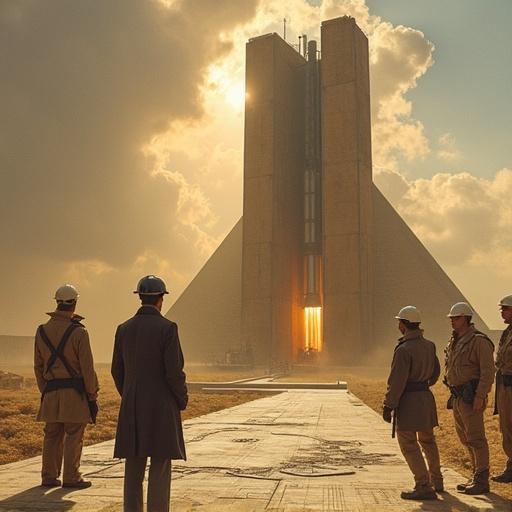 Architect talking with engineers in front of a towering structure. Large rolled plans visible. Rocket launching from inside the tower.