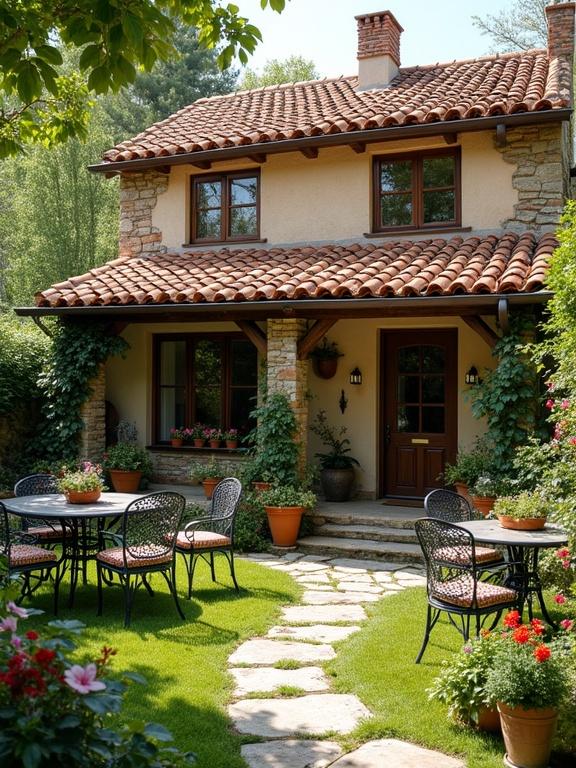 A quaint rustic cottage with a charming garden courtyard. An inviting outdoor living space radiates coziness and natural beauty.