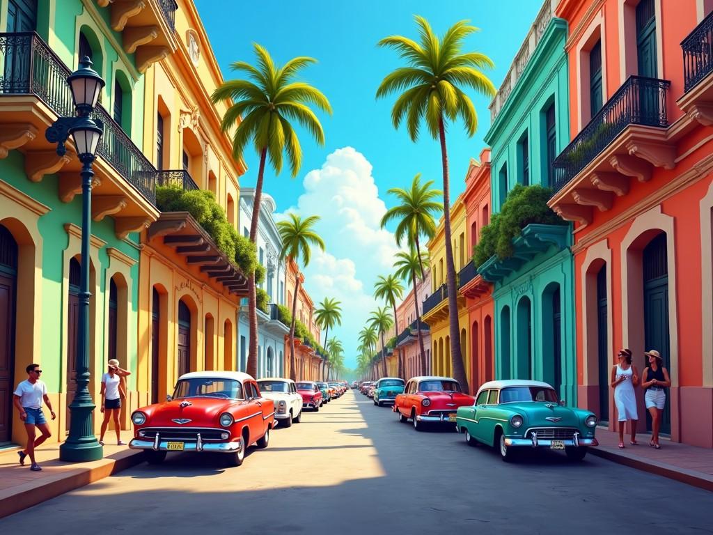 A vibrant Havana street scene showcases a lively avenue filled with classic cars from the 1950s. The buildings lining the street are painted in bright pastel colors, featuring architectural details reminiscent of Cuba's rich history. Palm trees sway gently in the background, adding to the tropical feel of the scene. People stroll along the sidewalk, enjoying the sunny day. The atmosphere is lively and inviting, perfect for capturing the essence of Havana.