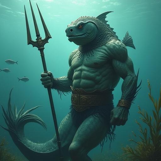 A humanoid fish creature swims underwater. He holds a trident in his right hand. Seaweed decorates the ocean floor. Three fish appear at the background. His skin is scaly. Webbed hands and feet are prominent. The body is humanoid with gills on the neck. The face is a blend of human and fish features. The eyes are positioned like a fish's. No ears are present. A crest runs from forehead to neck. He has a slight smile revealing human-like teeth. Armor made of chainmail covers the thighs and waist, secured by a large leather belt. A bronze plate protects the chest.