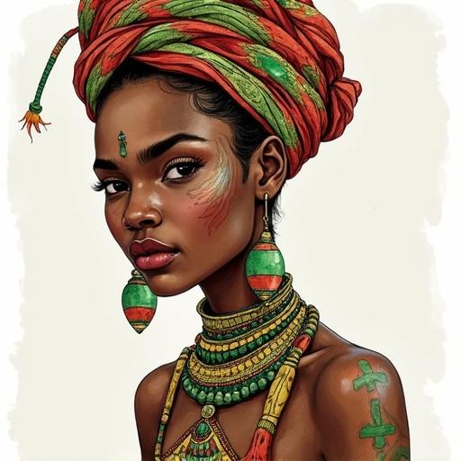 Watercolor illustration of a young African woman with dark skin. She has dark lips and wears traditional folk clothing. Her head is wrapped in colorful fabric. She features green tattoos and earrings. Artistic style without text.