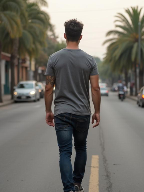 Latino man walks down city street. Setting is Latin America. Man wears gray t-shirt and blue jeans. Palm trees line the street. Ambient evening light creates a relaxed atmosphere.