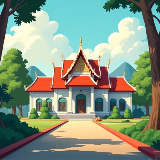 A UI background depicting a beautiful Thai-style school building surrounded by trees and mountains. Bright colors and inviting atmosphere create a cheerful environment.