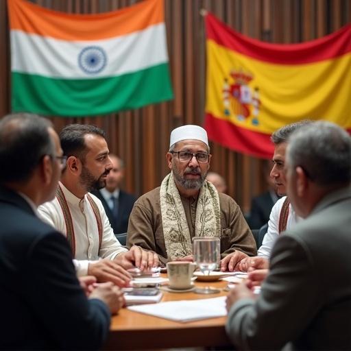 A group of diverse individuals from different faiths and nationalities including India, Yemen, and Spain. They gather around a table engaged in open discussion. In the background, national flags of India and Spain are visible. The setting should convey unity, understanding, and freedom of speech.